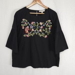 Loft Women's Poplin Boho Embroidered Bell Sleeve Top